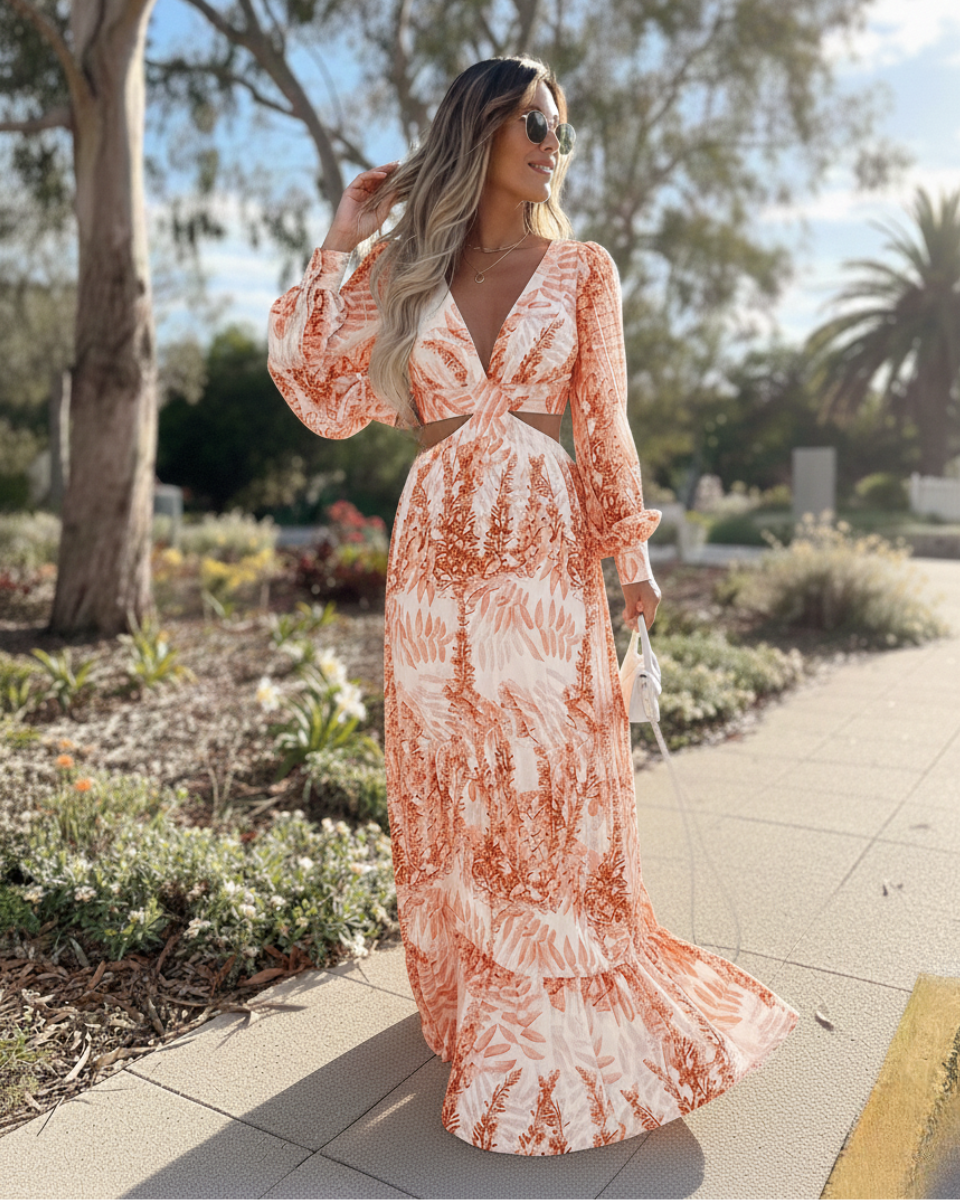 Melinda | Women's Printed Long Sleeve V Neck Flowy Maxi Dress