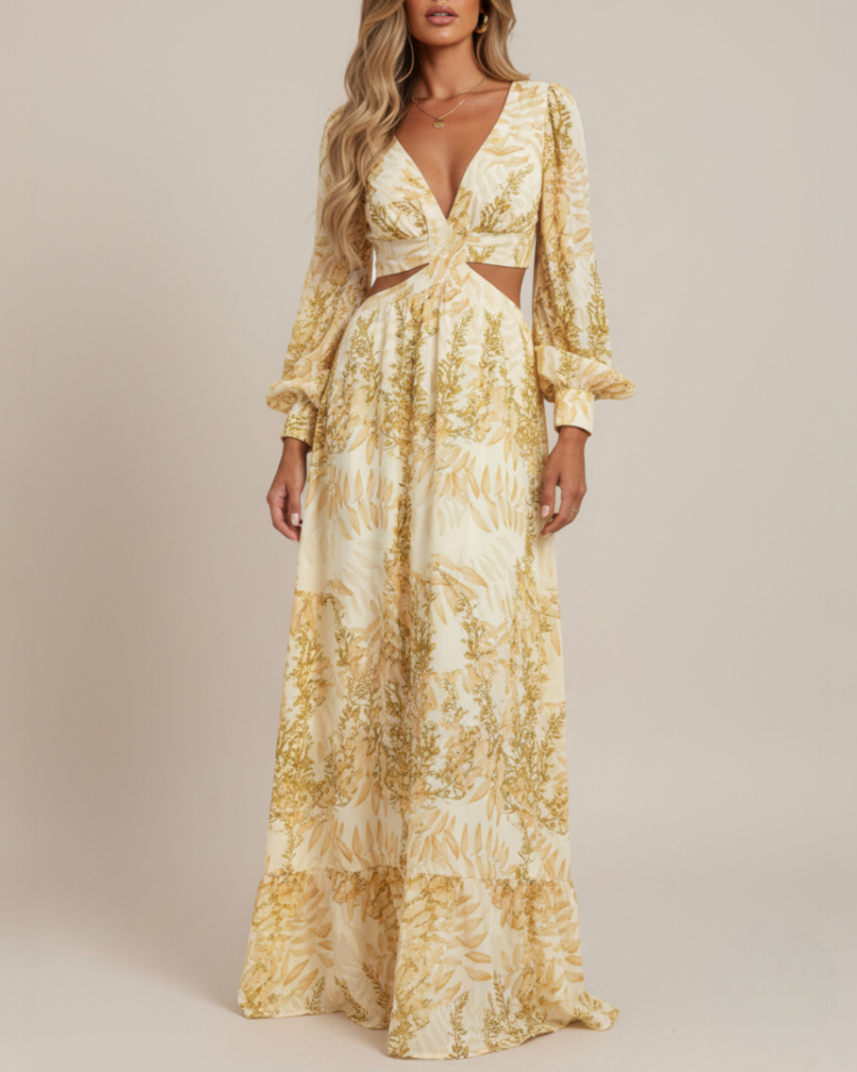 Melinda | Women's Printed Long Sleeve V Neck Flowy Maxi Dress