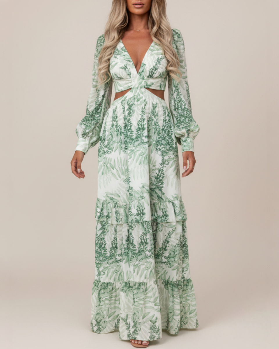 Melinda | Women's Printed Long Sleeve V Neck Flowy Maxi Dress