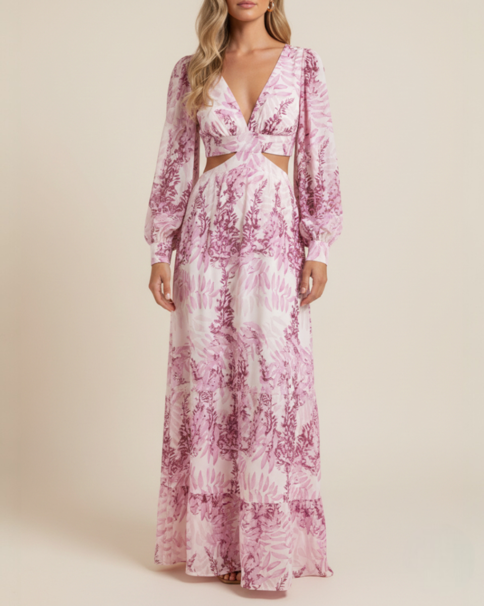 Melinda | Women's Printed Long Sleeve V Neck Flowy Maxi Dress