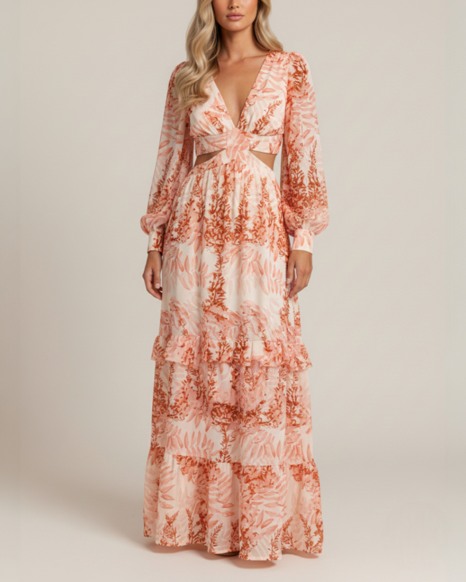 Melinda | Women's Printed Long Sleeve V Neck Flowy Maxi Dress