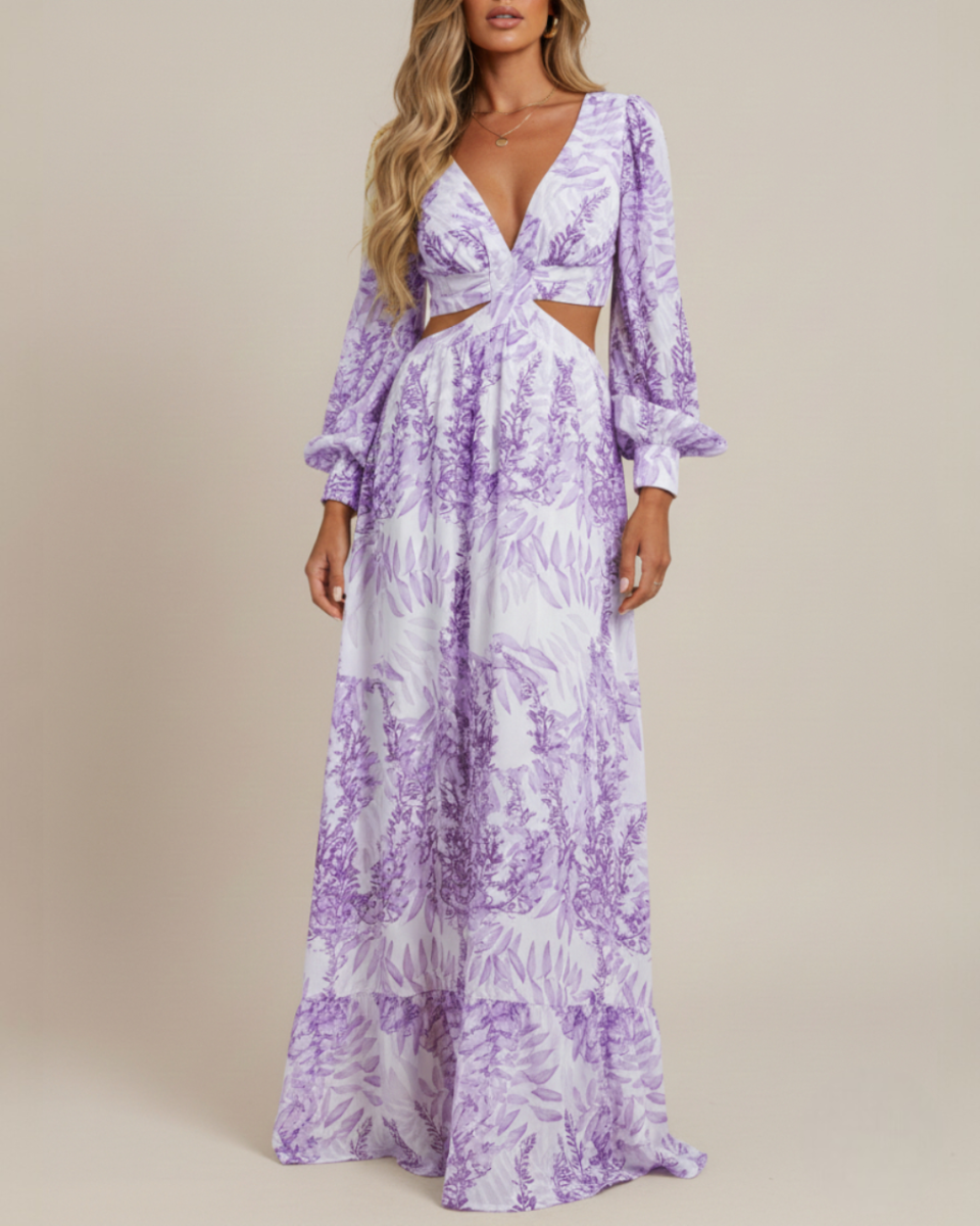 Melinda | Women's Printed Long Sleeve V Neck Flowy Maxi Dress