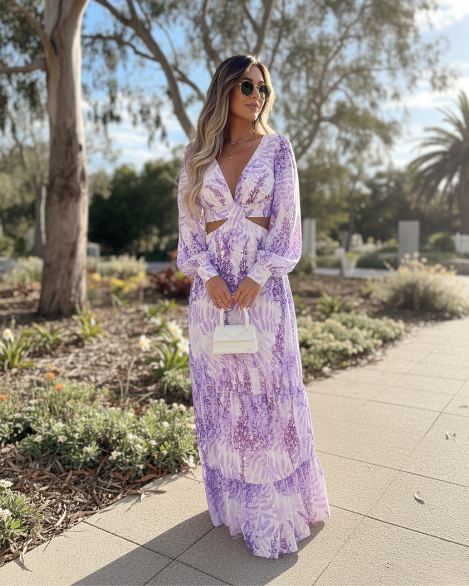 Melinda | Women's Printed Long Sleeve V Neck Flowy Maxi Dress