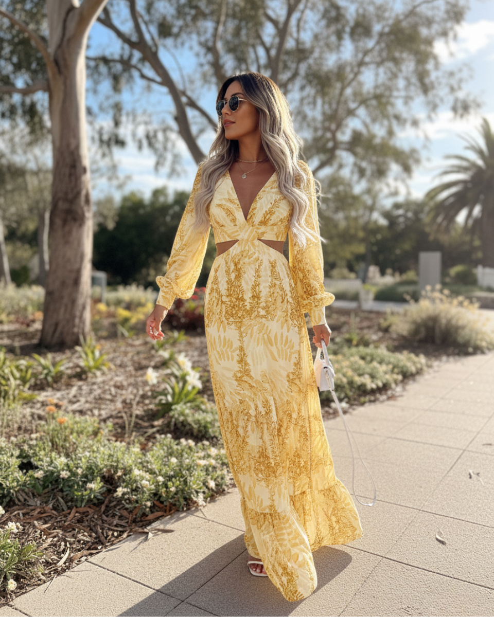 Melinda | Women's Printed Long Sleeve V Neck Flowy Maxi Dress