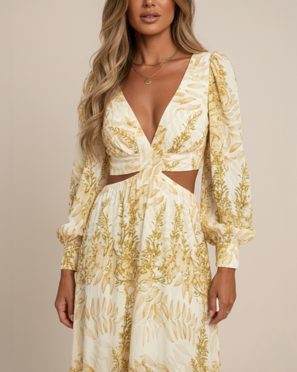 Melinda | Women's Printed Long Sleeve V Neck Flowy Maxi Dress
