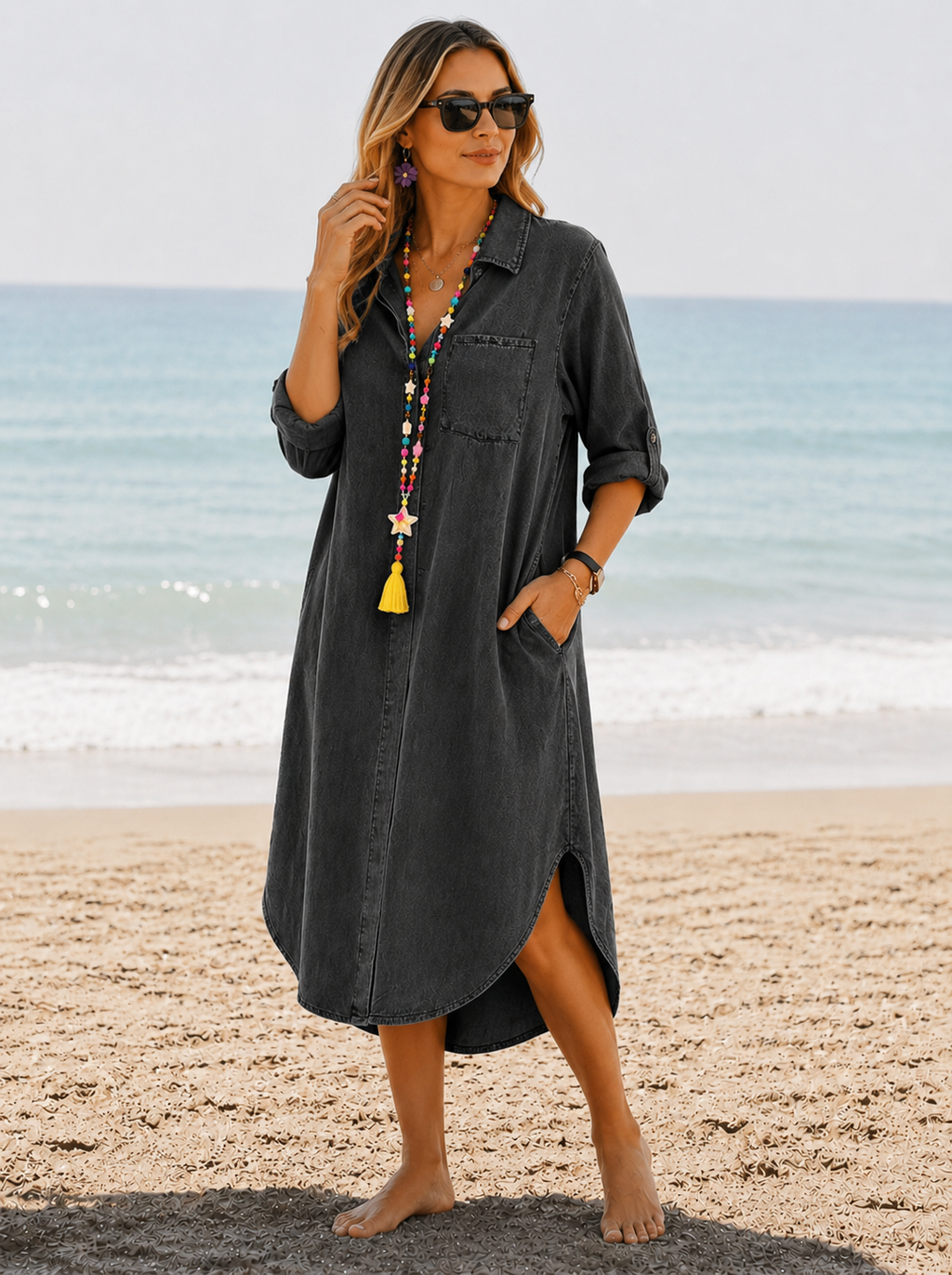 Miriam | Women's Collared Turn Down Collar Denim Midi Dress