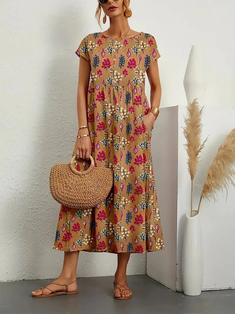 Muriel | Women's Short Sleeve Boat Neck Floral Flowy Midi Dress