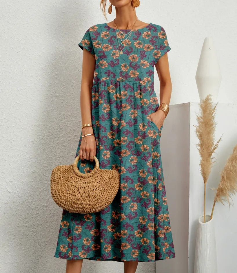 Muriel | Women's Short Sleeve Boat Neck Floral Flowy Midi Dress