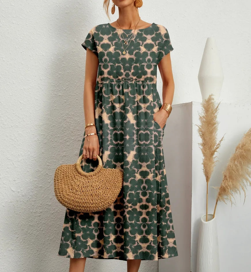 Muriel | Women's Short Sleeve Boat Neck Floral Flowy Midi Dress