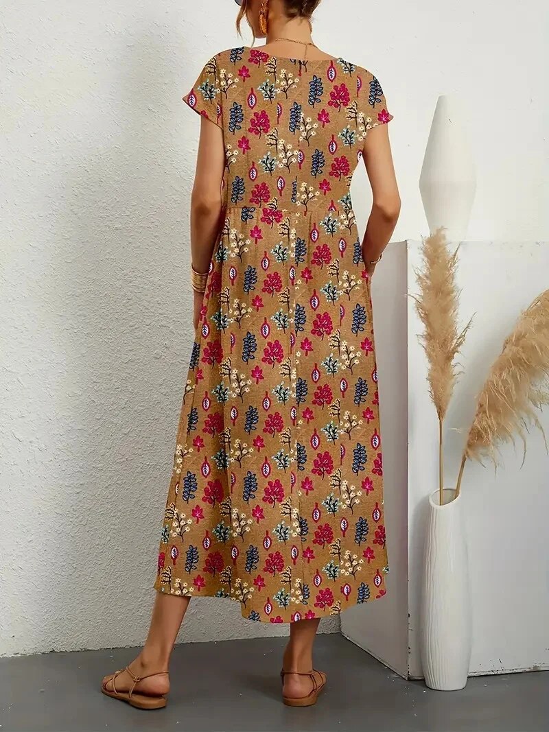 Muriel | Women's Short Sleeve Boat Neck Floral Flowy Midi Dress
