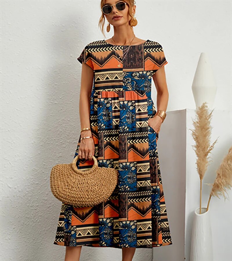 Muriel | Women's Short Sleeve Boat Neck Floral Flowy Midi Dress