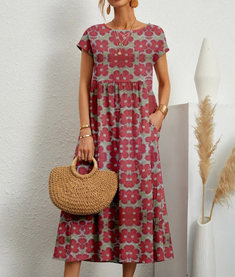 Muriel | Women's Short Sleeve Boat Neck Floral Flowy Midi Dress