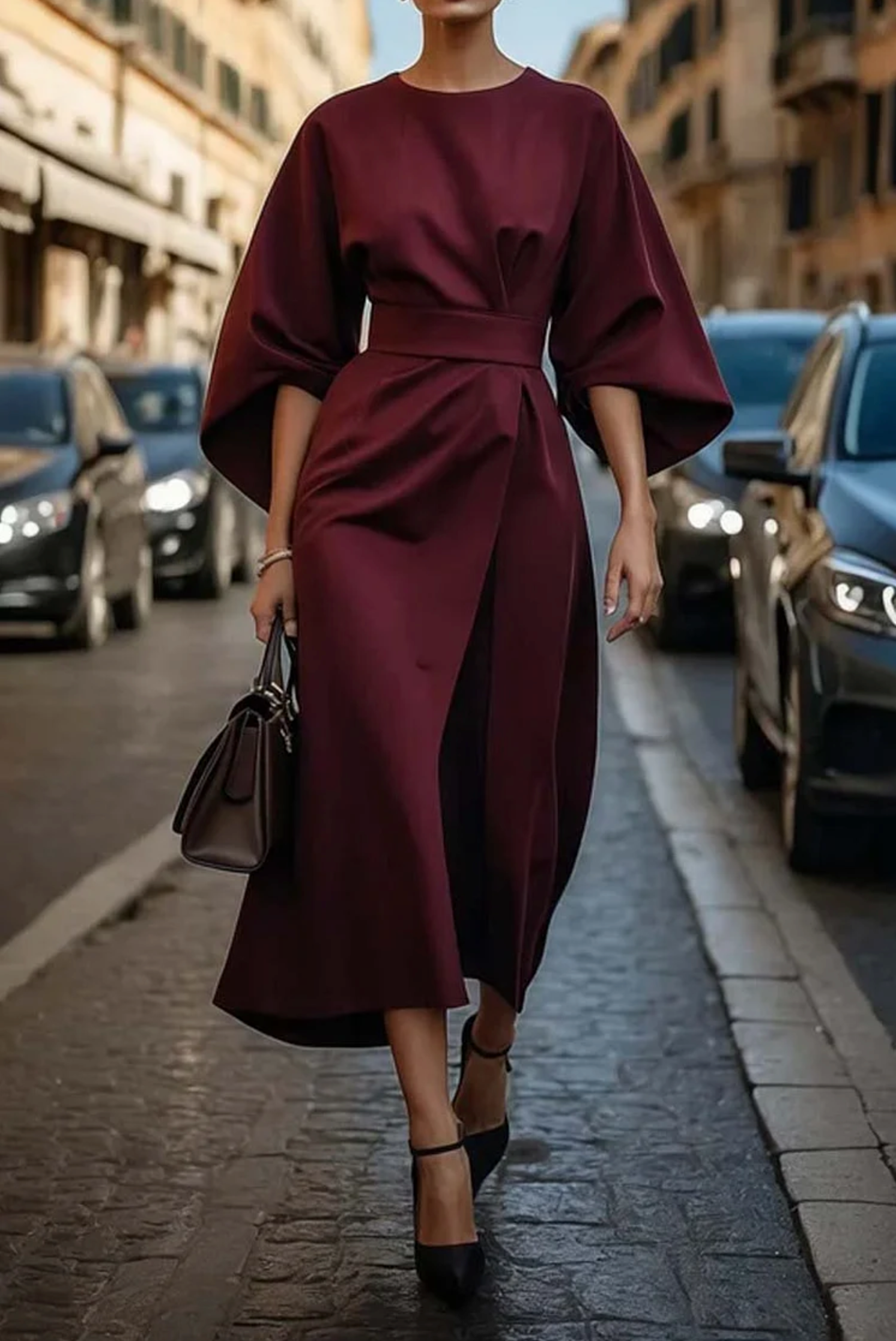 Nancy | Women’s Draped Lantern Sleeve Event Midi Dress