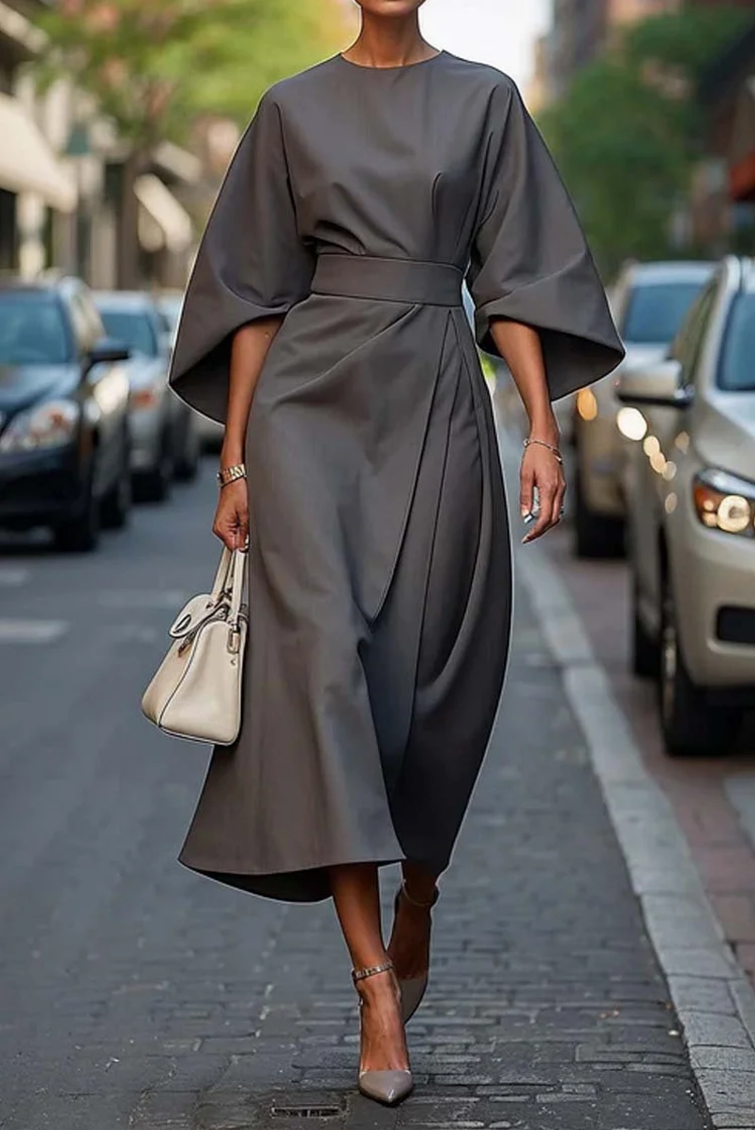 Nancy | Women’s Draped Lantern Sleeve Event Midi Dress