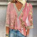 Nathalie | Women's Printed V-Neck Three Quarter Sleeve Blouse