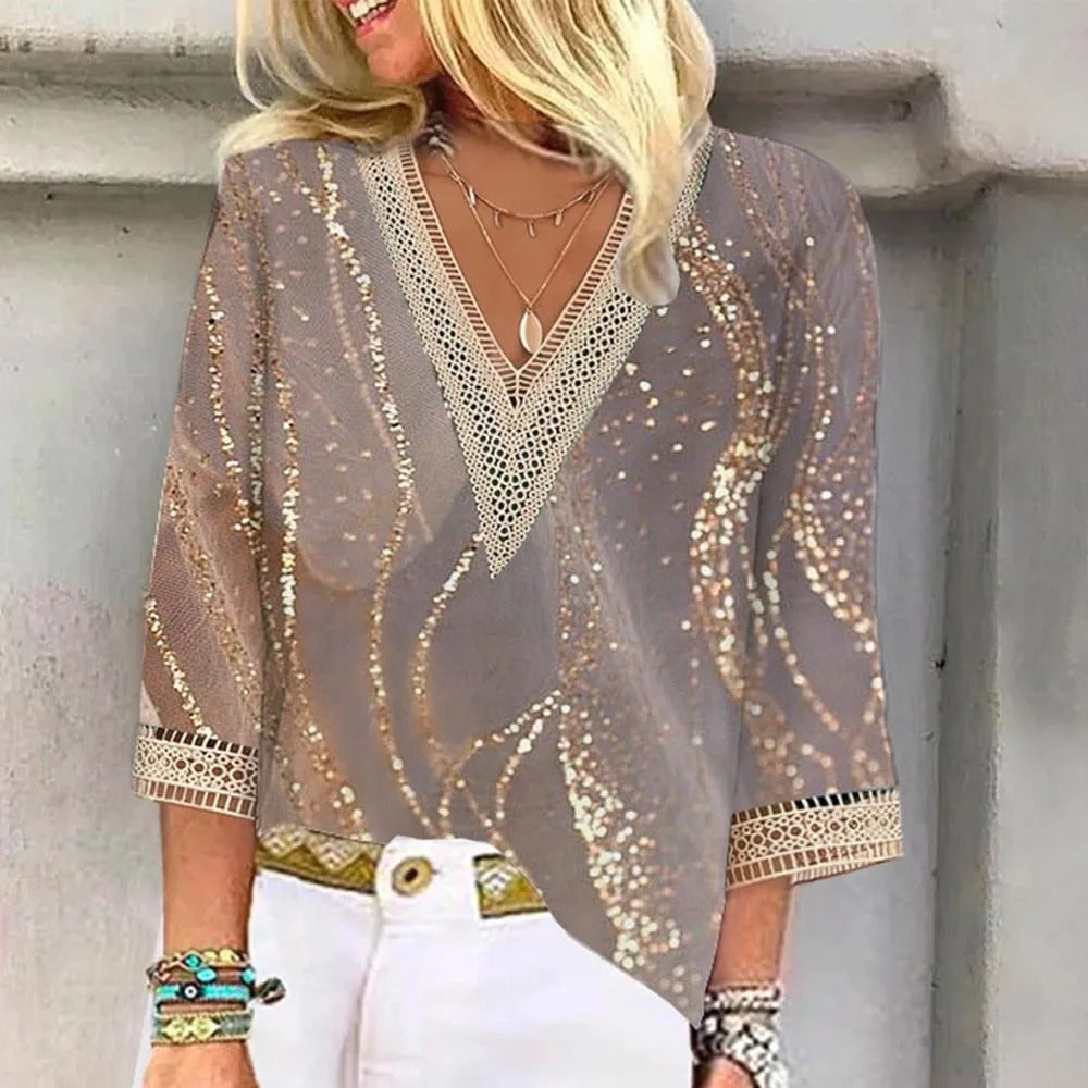 Nathalie | Women's Printed V-Neck Three Quarter Sleeve Blouse