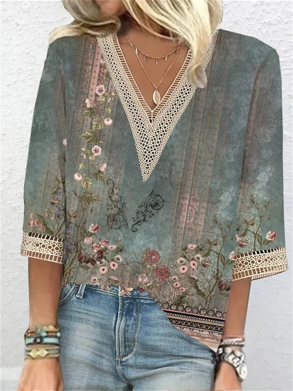 Nathalie | Women's Printed V-Neck Three Quarter Sleeve Blouse
