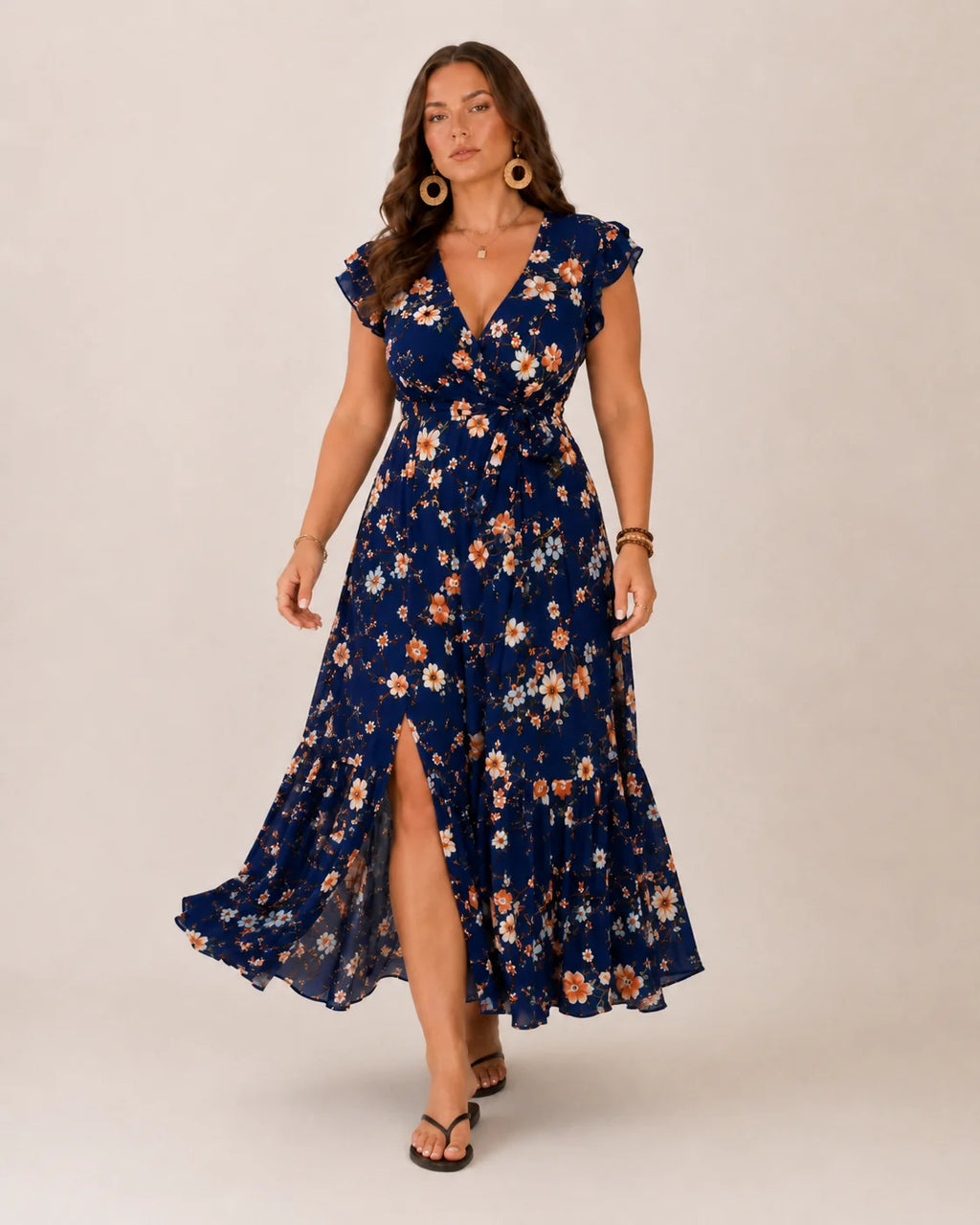 Nikki | Women’s Floral Print Wrap V Neck Flutter Sleeve Maxi Dress