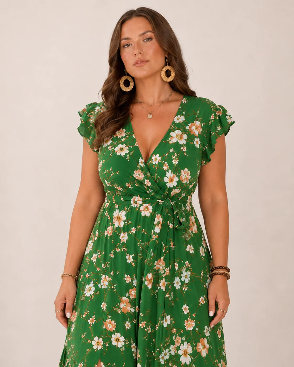 Nikki | Women’s Floral Print Wrap V Neck Flutter Sleeve Maxi Dress