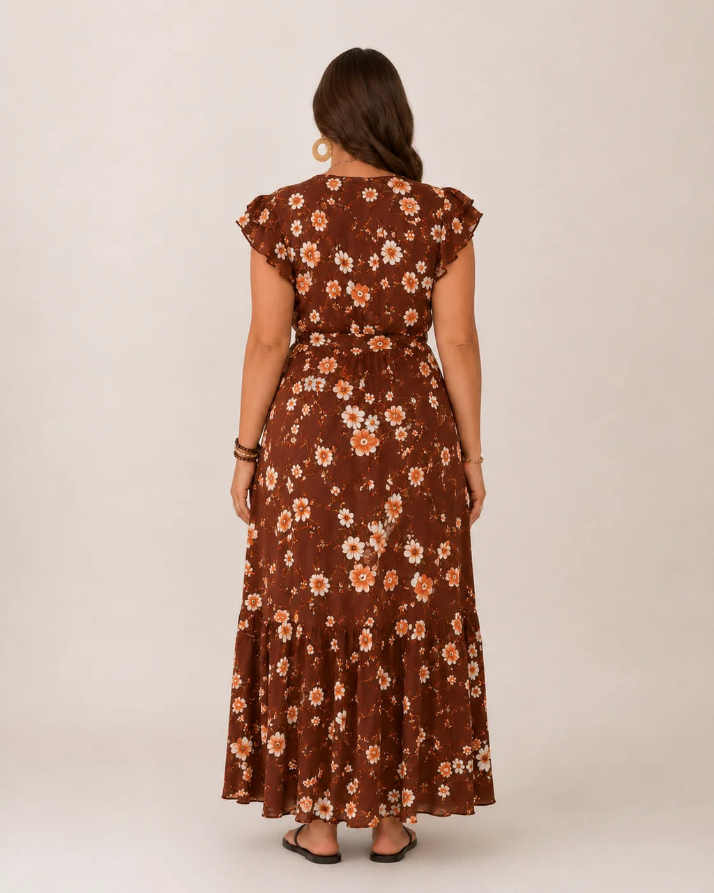 Nikki | Women’s Floral Print Wrap V Neck Flutter Sleeve Maxi Dress