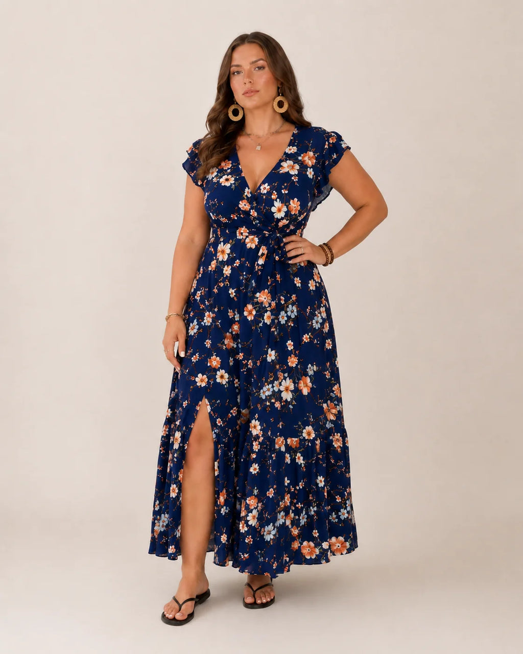Nikki | Women’s Floral Print Wrap V Neck Flutter Sleeve Maxi Dress