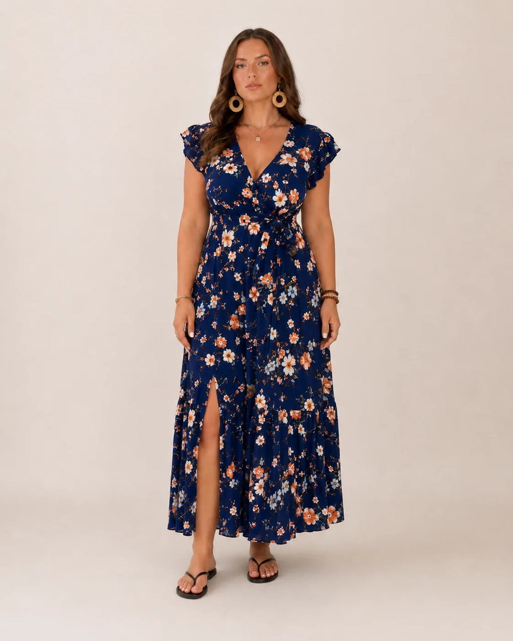 Nikki | Women’s Floral Print Wrap V Neck Flutter Sleeve Maxi Dress