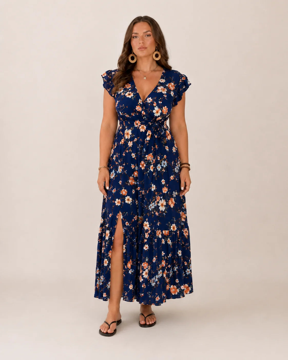 Nikki | Women’s Floral Print Wrap V Neck Flutter Sleeve Maxi Dress
