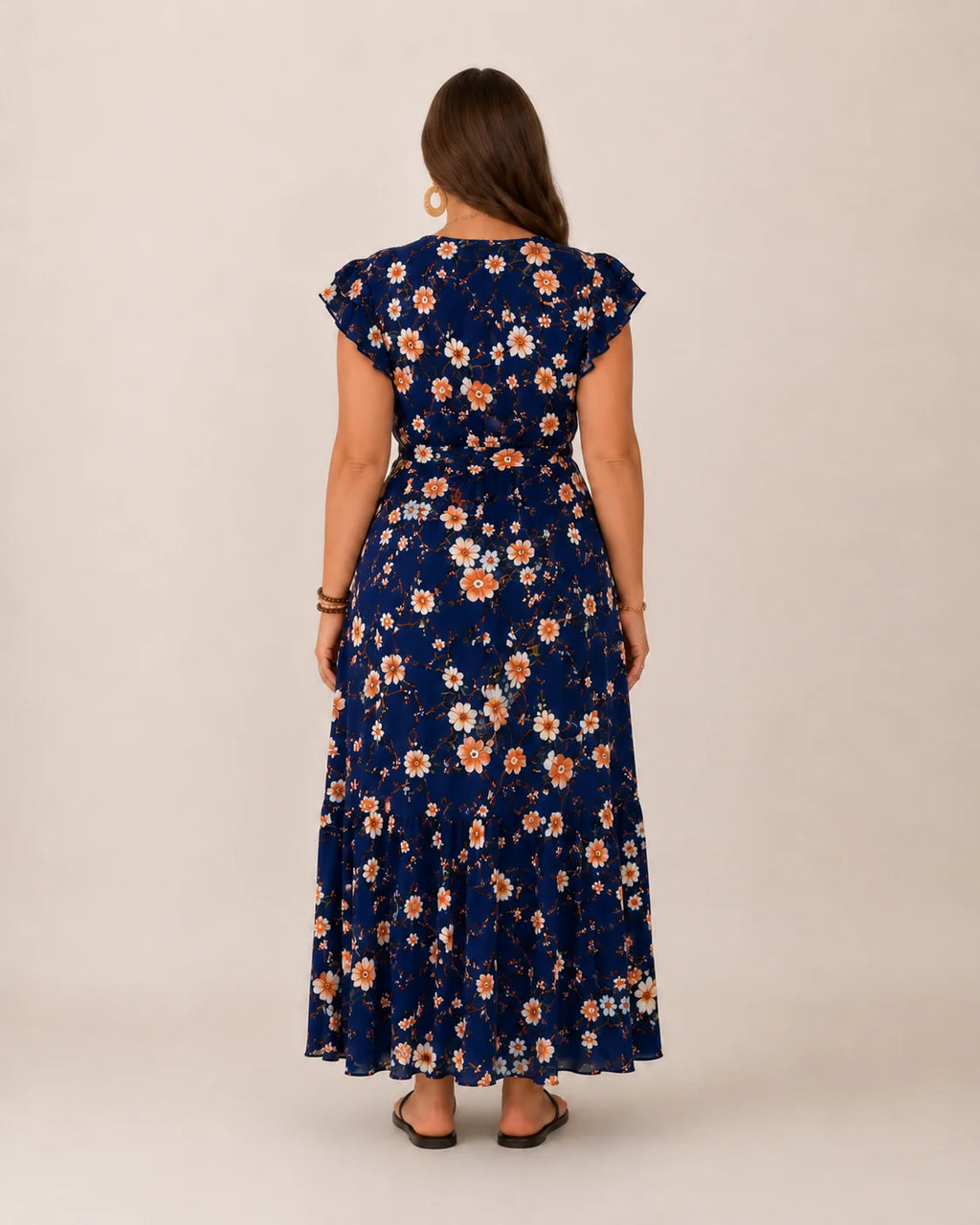Nikki | Women’s Floral Print Wrap V Neck Flutter Sleeve Maxi Dress