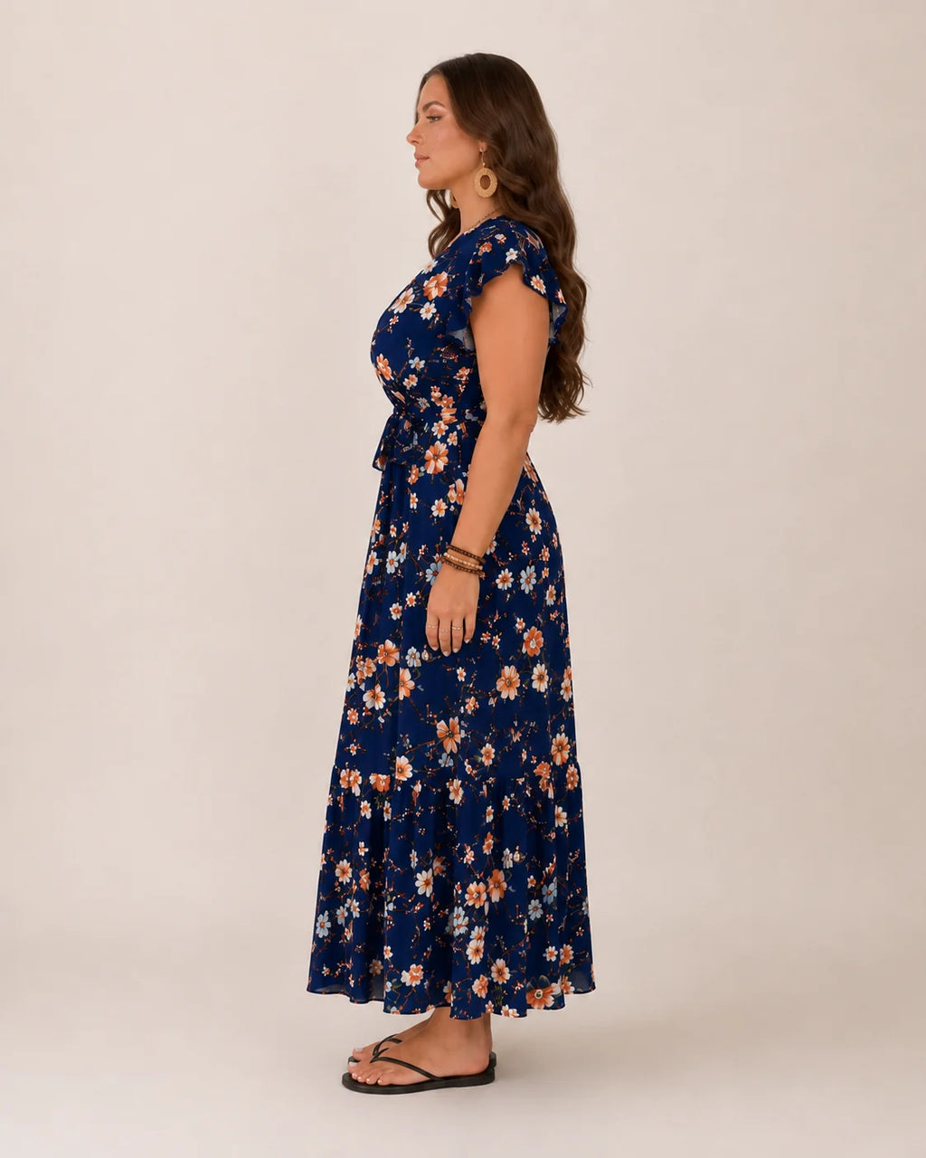 Nikki | Women’s Floral Print Wrap V Neck Flutter Sleeve Maxi Dress