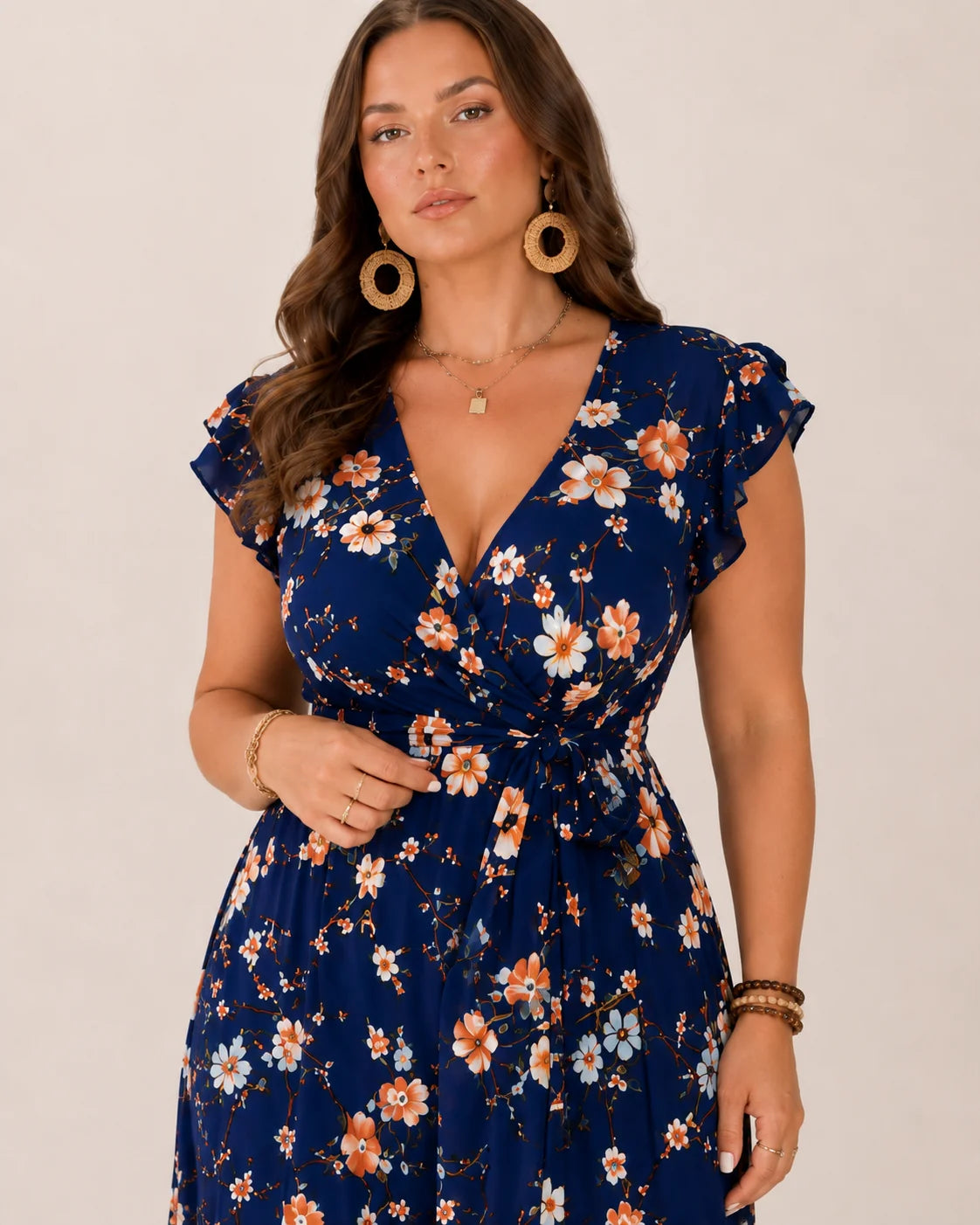 Nikki | Women’s Floral Print Wrap V Neck Flutter Sleeve Maxi Dress