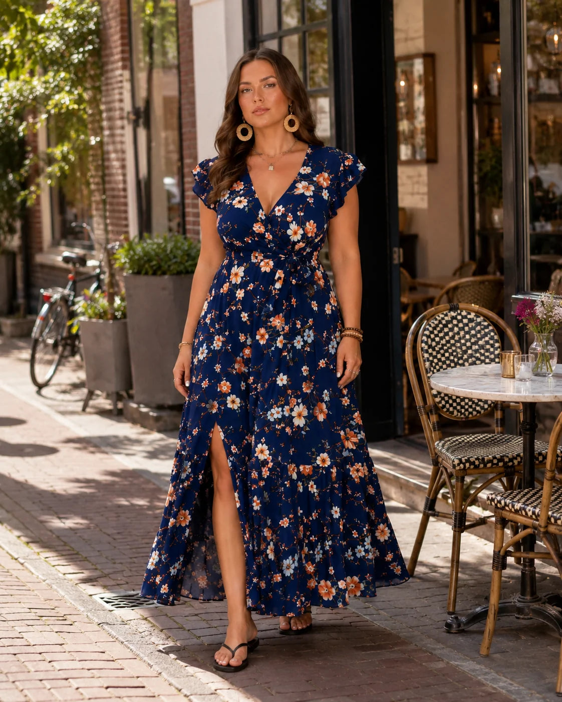 Nikki | Women’s Floral Print Wrap V Neck Flutter Sleeve Maxi Dress