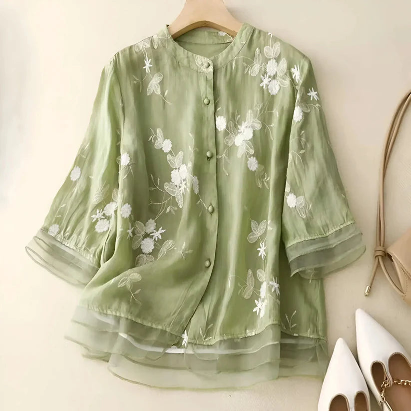 Odessa | Women's Floral Stand Collar Button Front Top
