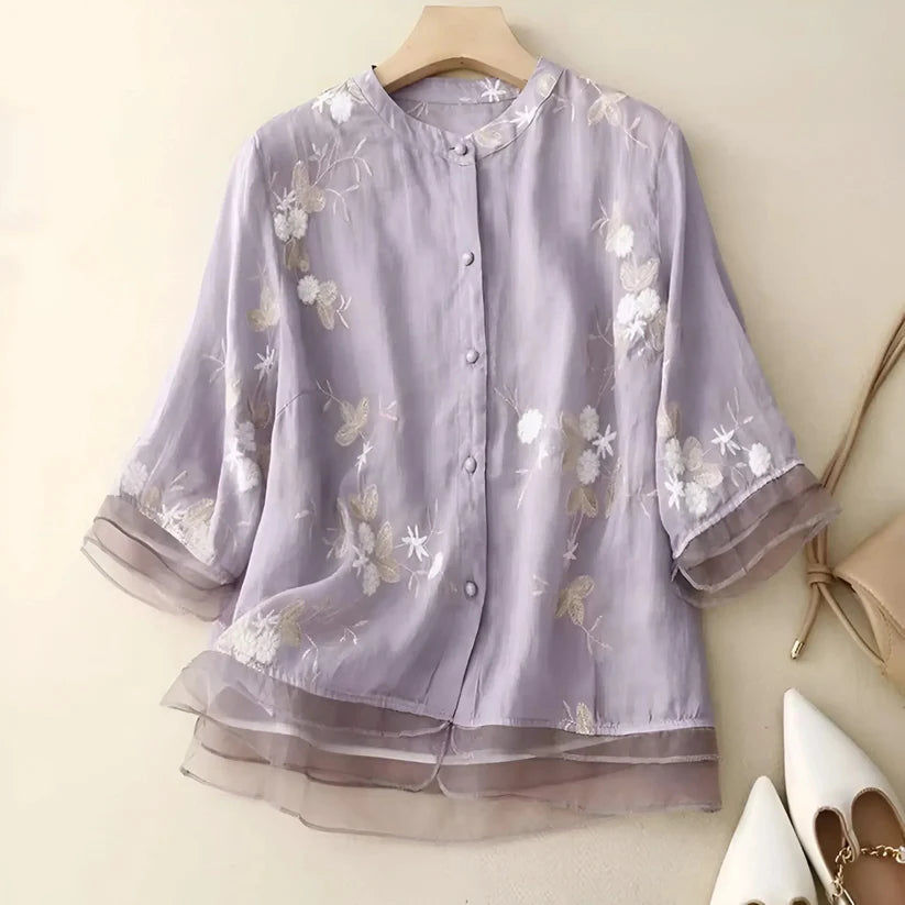 Odessa | Women's Floral Stand Collar Button Front Top