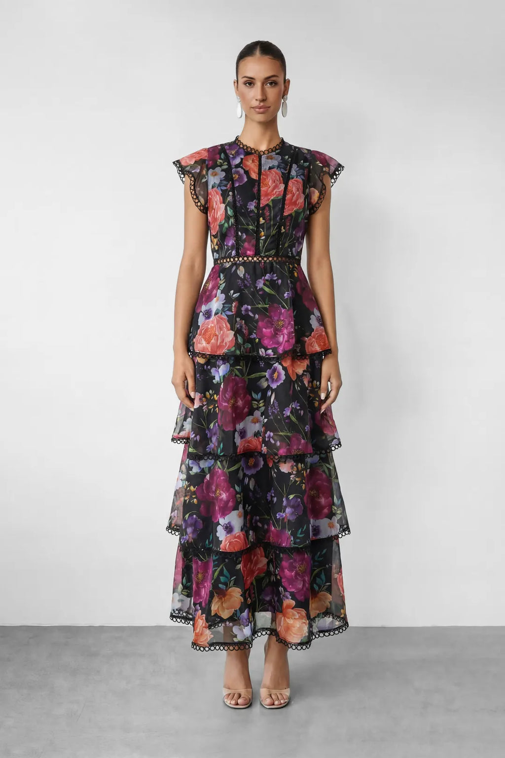 Paula | Women’s Floral Ruffled Cap Sleeve Tiered Maxi Dress