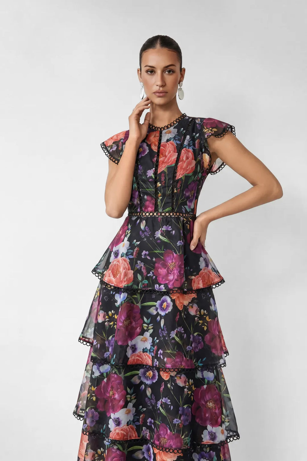 Paula | Women’s Floral Ruffled Cap Sleeve Tiered Maxi Dress