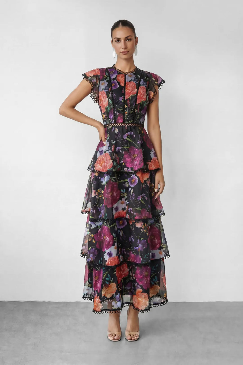 Paula | Women’s Floral Ruffled Cap Sleeve Tiered Maxi Dress