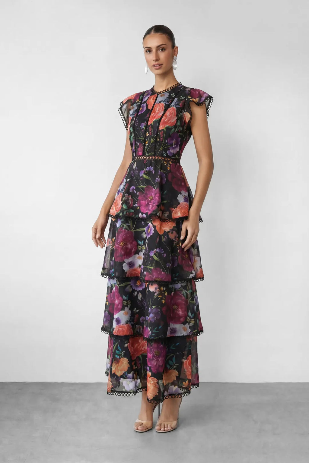 Paula | Women’s Floral Ruffled Cap Sleeve Tiered Maxi Dress