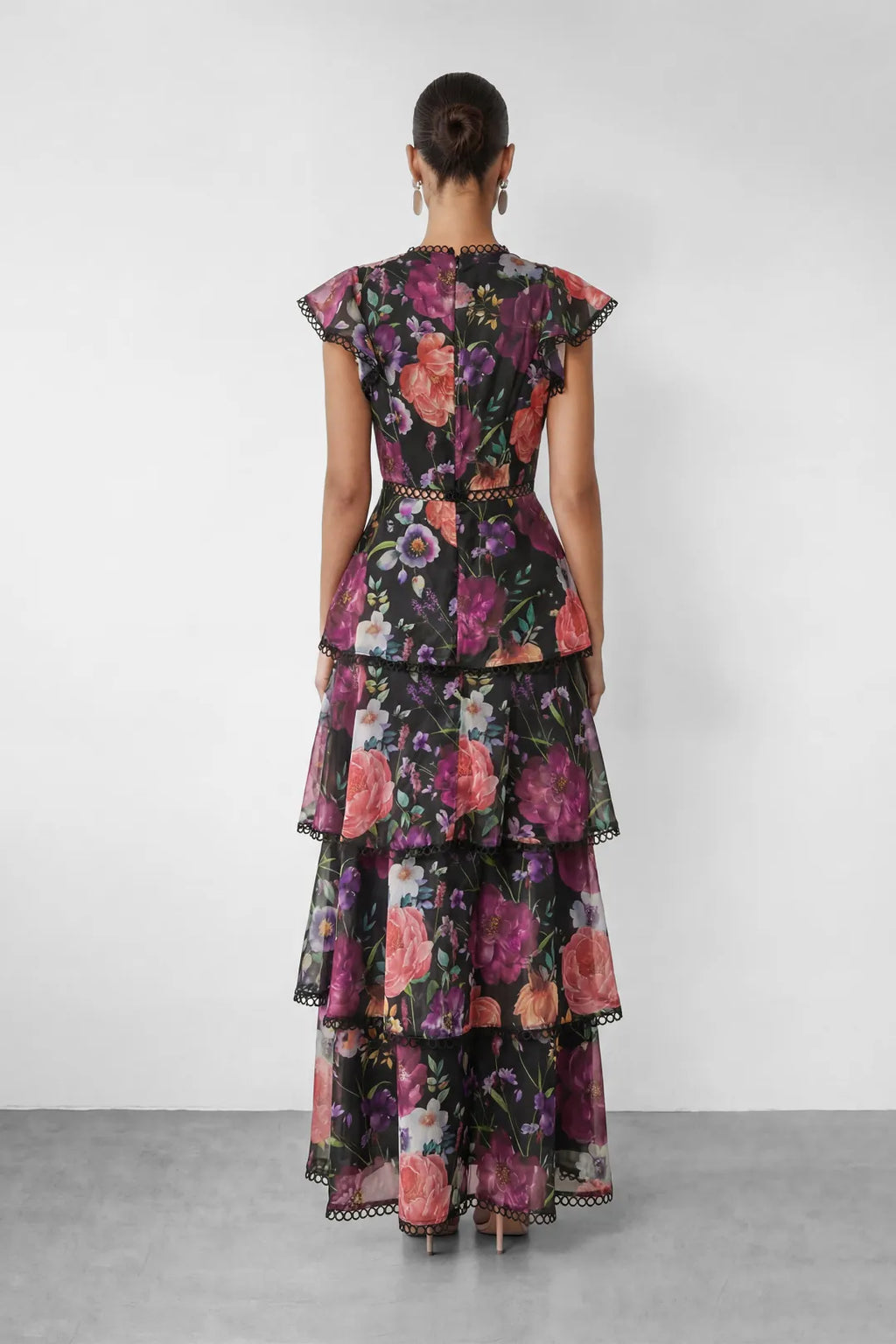 Paula | Women’s Floral Ruffled Cap Sleeve Tiered Maxi Dress