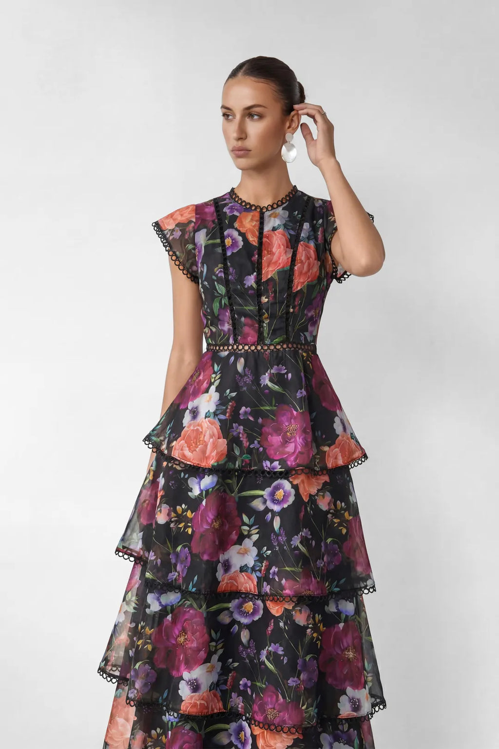 Paula | Women’s Floral Ruffled Cap Sleeve Tiered Maxi Dress