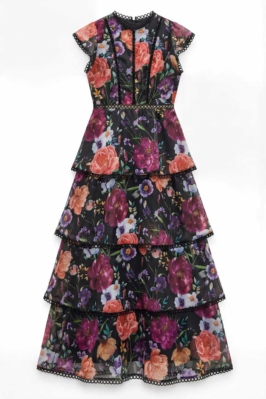 Paula | Women’s Floral Ruffled Cap Sleeve Tiered Maxi Dress