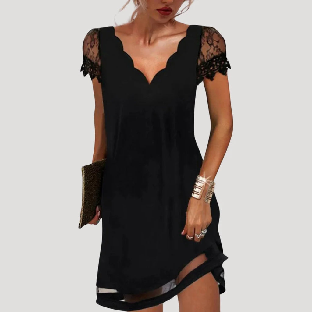 Lisa | Women’s Black V Neck Short Sleeve Mini Dress