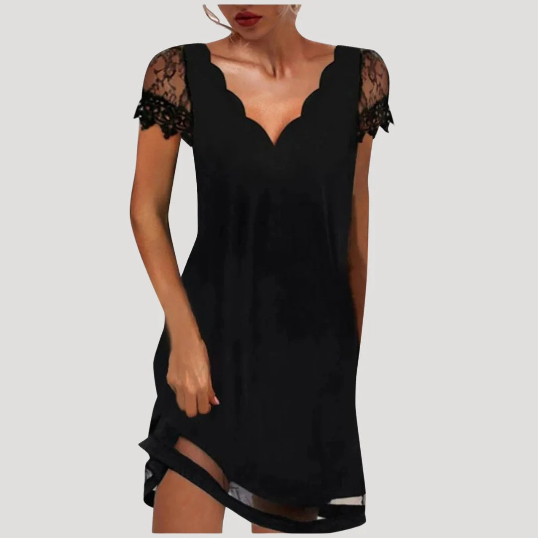Lisa | Women’s Black V Neck Short Sleeve Mini Dress