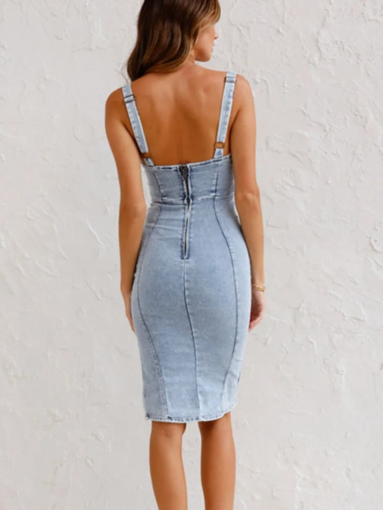 Priscilla | Women's Zip Front Sleeveless Bodycon Denim Dress