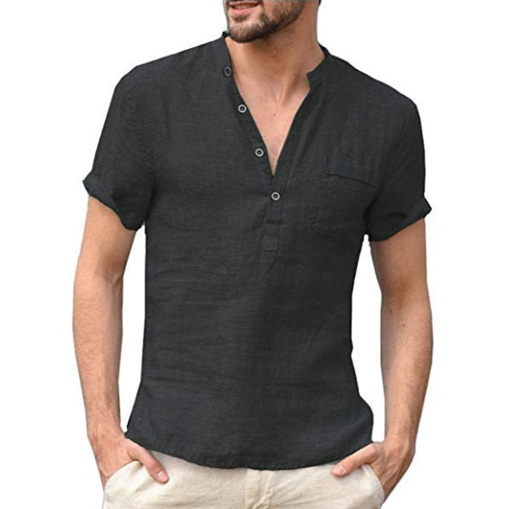Raymond | Men's Short Sleeve Band Collar Pocket Shirt