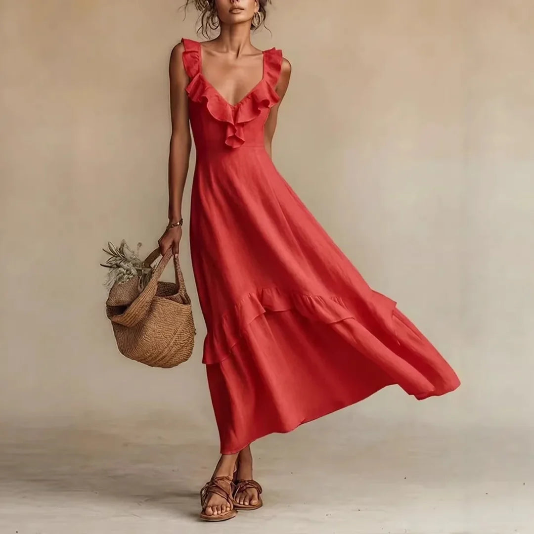 Rosalyn | Women's Sleeveless V Neck Ruffled Flowy Maxi Dress