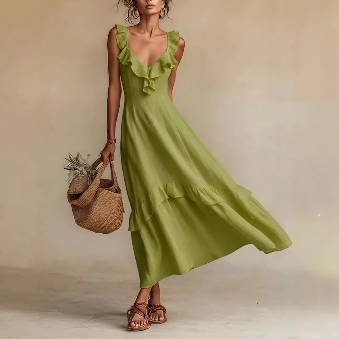 Rosalyn | Women's Sleeveless V Neck Ruffled Flowy Maxi Dress