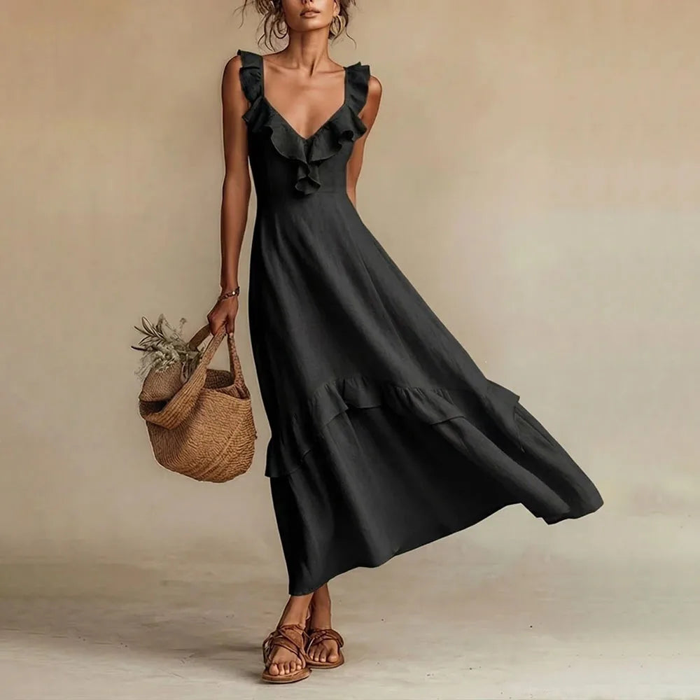 Rosalyn | Women's Sleeveless V Neck Ruffled Flowy Maxi Dress