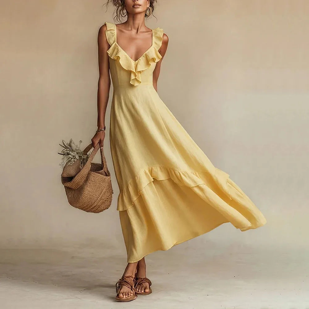 Rosalyn | Women's Sleeveless V Neck Ruffled Flowy Maxi Dress