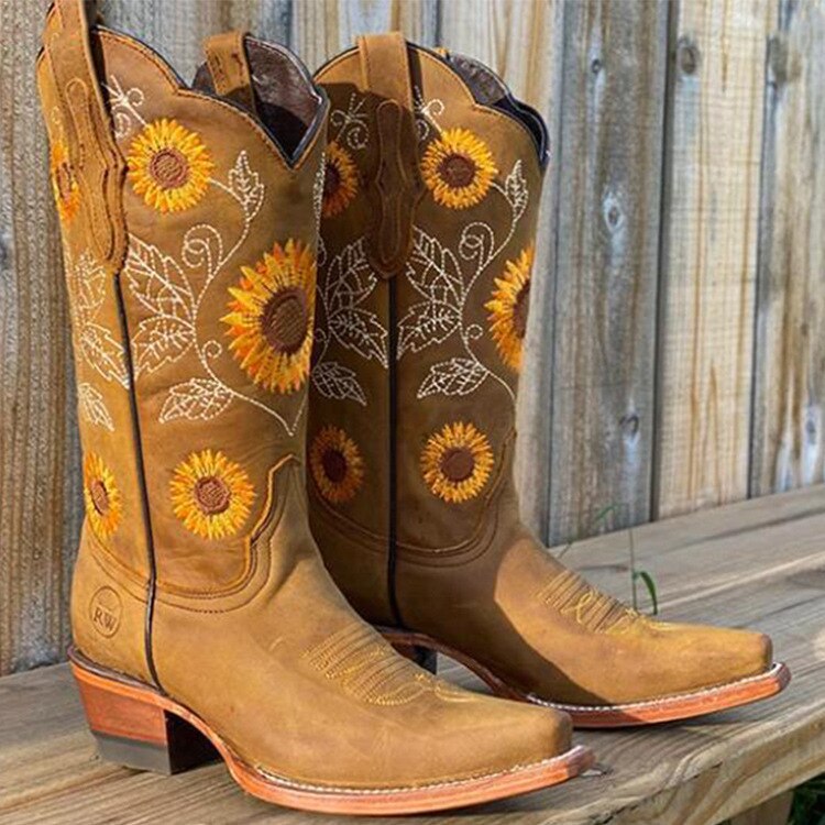 Roselyn | Women's Closed Toe Sunflower Block Heel Cowboy Boots