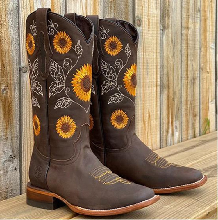 Roselyn | Women's Closed Toe Sunflower Block Heel Cowboy Boots